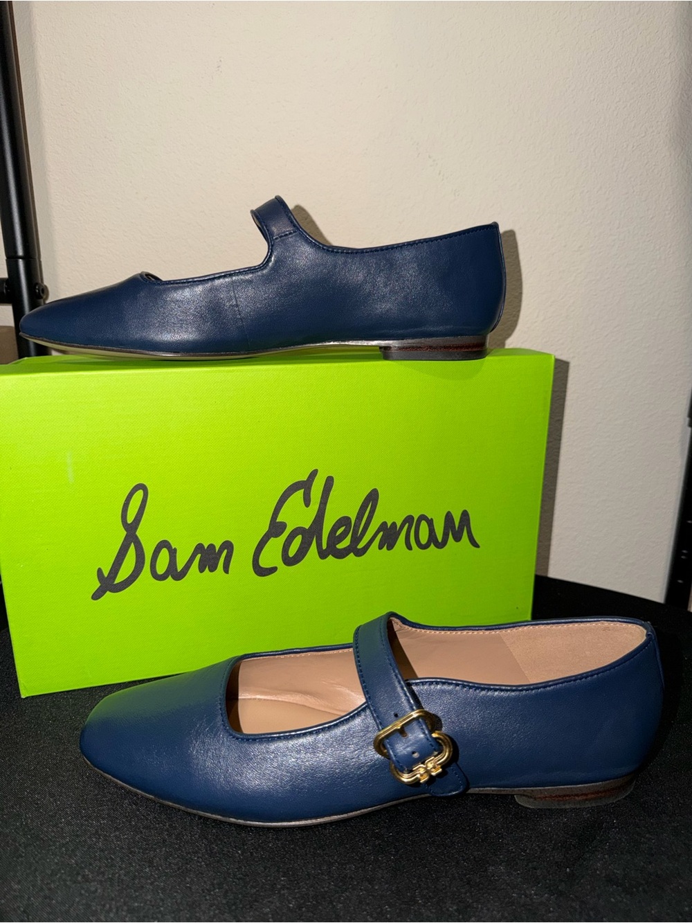 Sam Edelman “Michaela” Blue Leather Mary Jane Flats with Gold Buckle